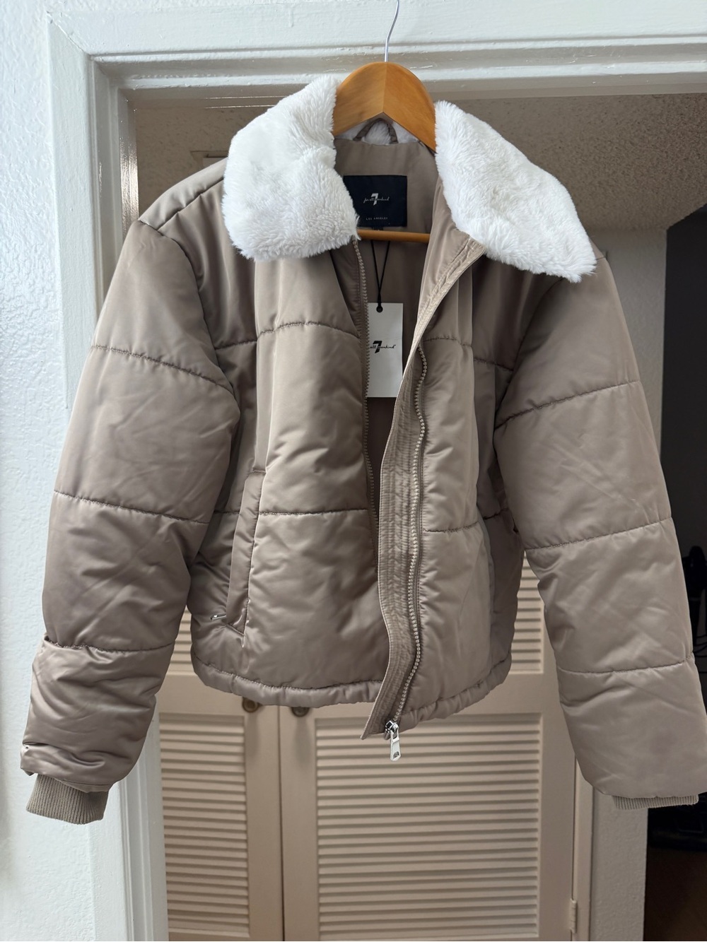 7 For All Mankind Taupe Bomber Jacket with White Faux Fur Collar